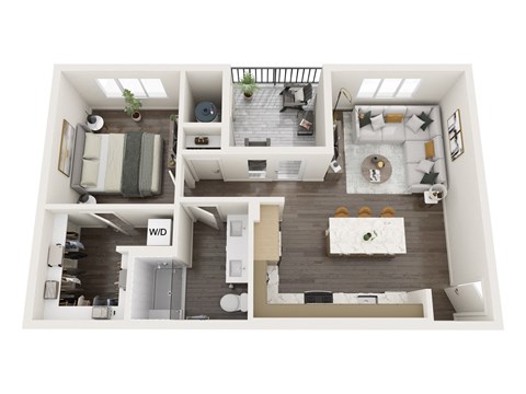 Floor plan for 1 bed, 1 bath, 727 sqft